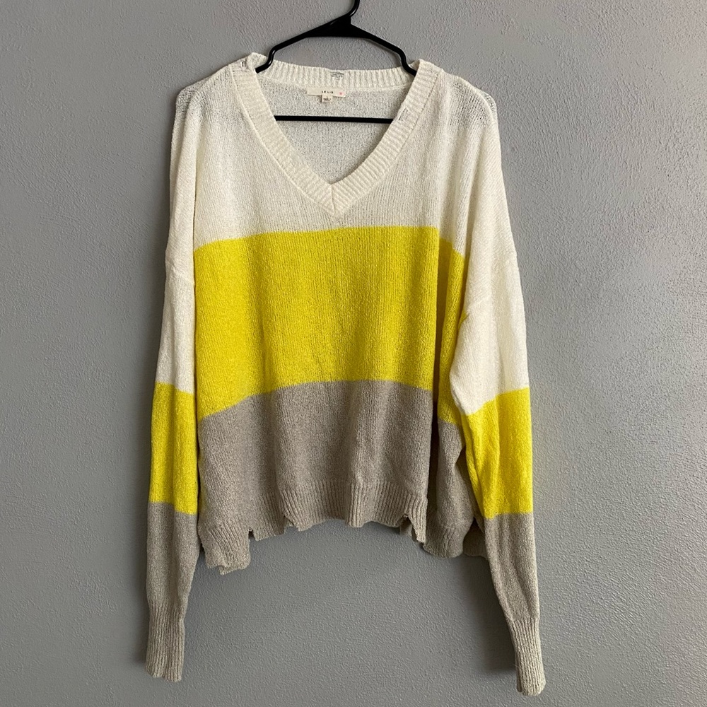 Le Lis Sweater Size Large Colorblock Yellow White Stripe Long Sleeve V-Neck